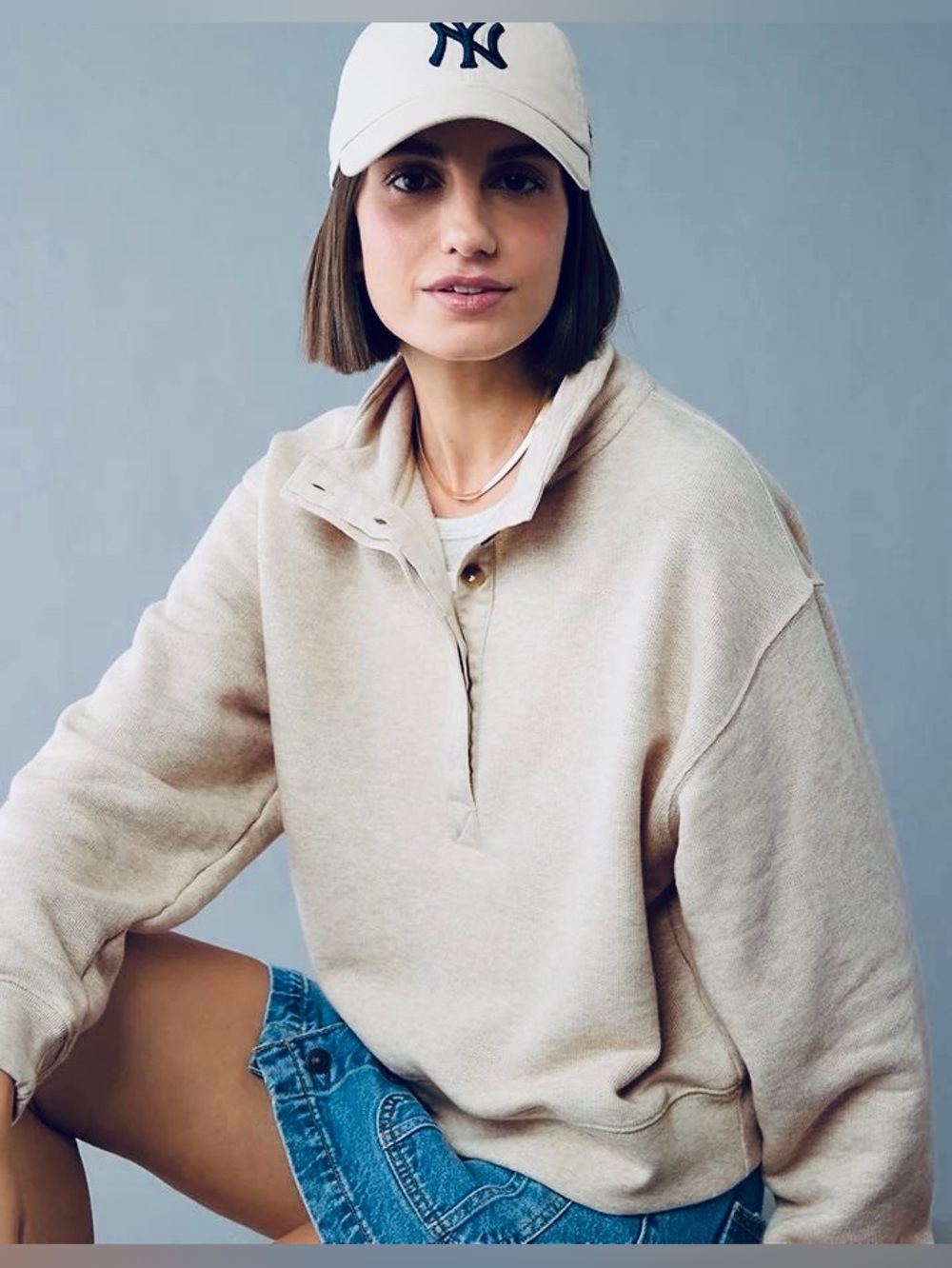American Eagle Super Soft Cropped Boxy Henley Fleece Sweatshirt In Beige Medium